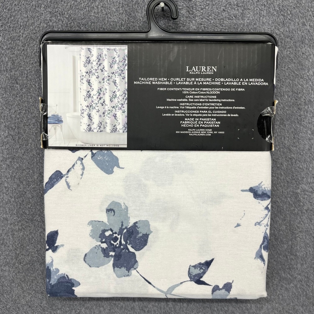 Lauren Ralph Lauren Shower Curtain Blue White Floral Cotton 70x72 Tailored Hem - Picture 5 of 9